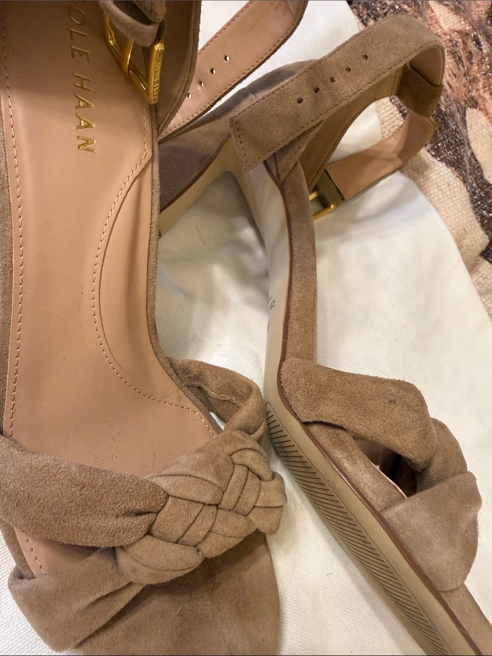 Cole Haan Women's Suede Braided Block Heel Sandals in Taupe 8B - Picture 5 of 6